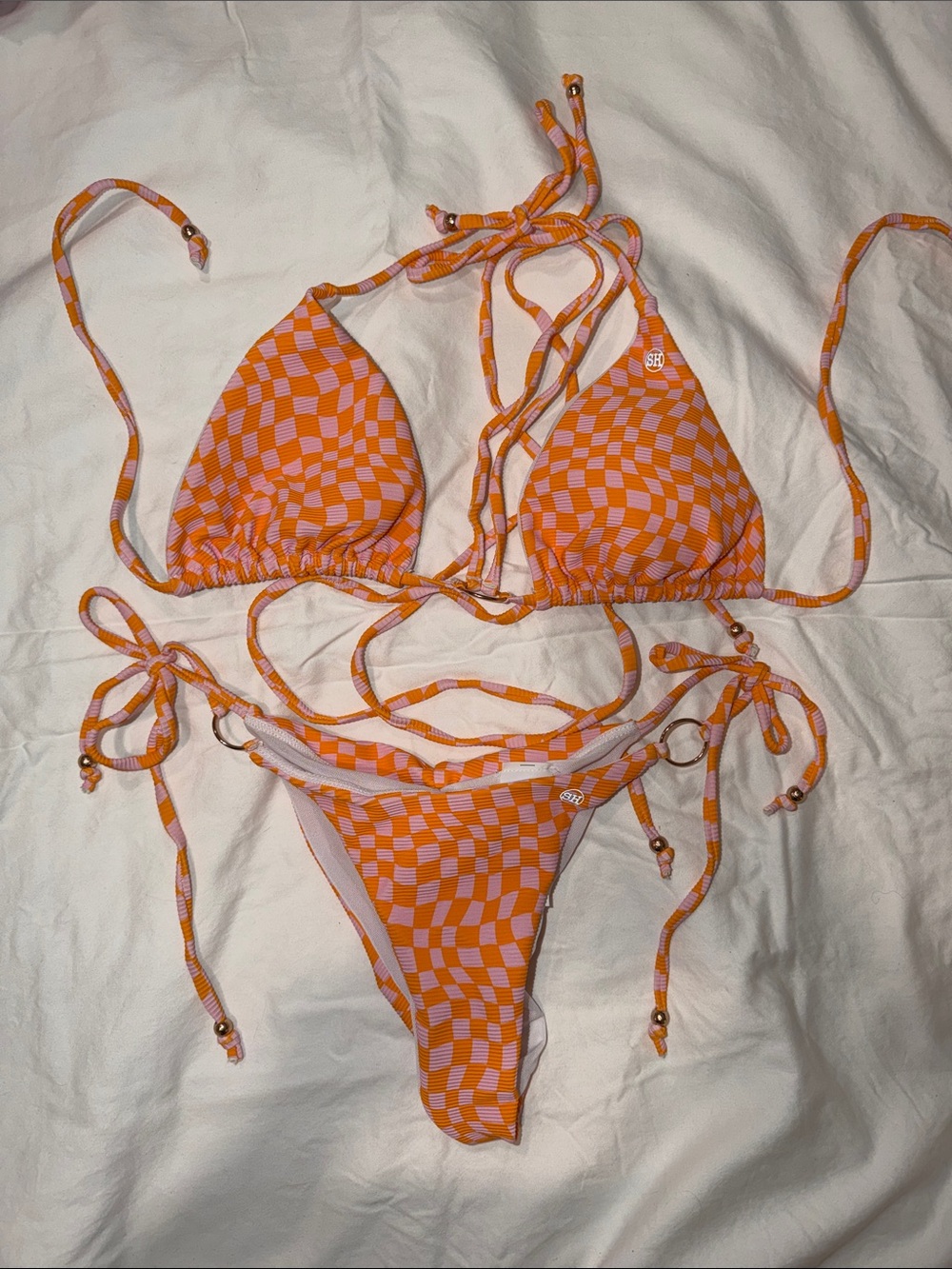 Orange Checkered Tie-Side Bikini Set - Brand: